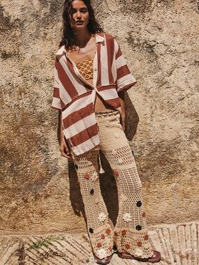 Free People cactus flower crochet pants in natural combo